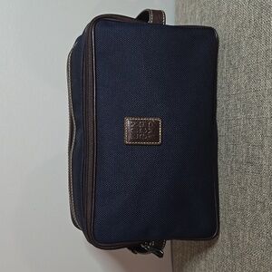 Longchamp Navy Blue & Brown Leather Toiletry Travel Zip Closure Bag